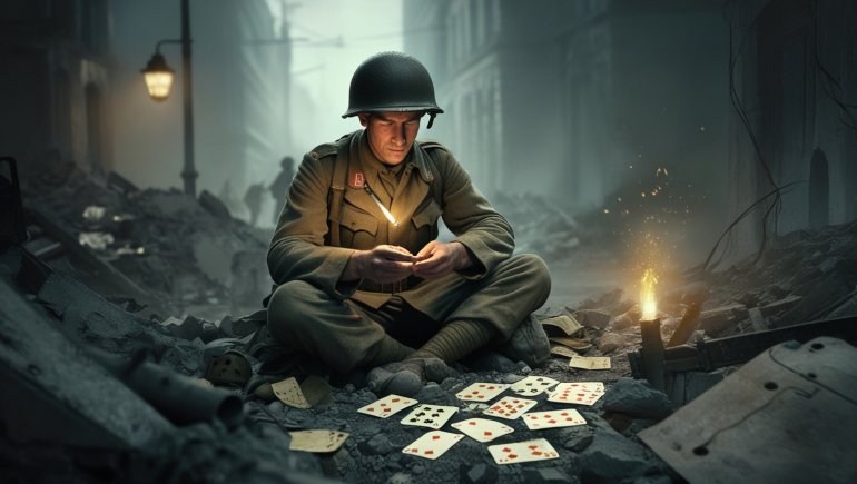 a WWII soldier playing cards in a street