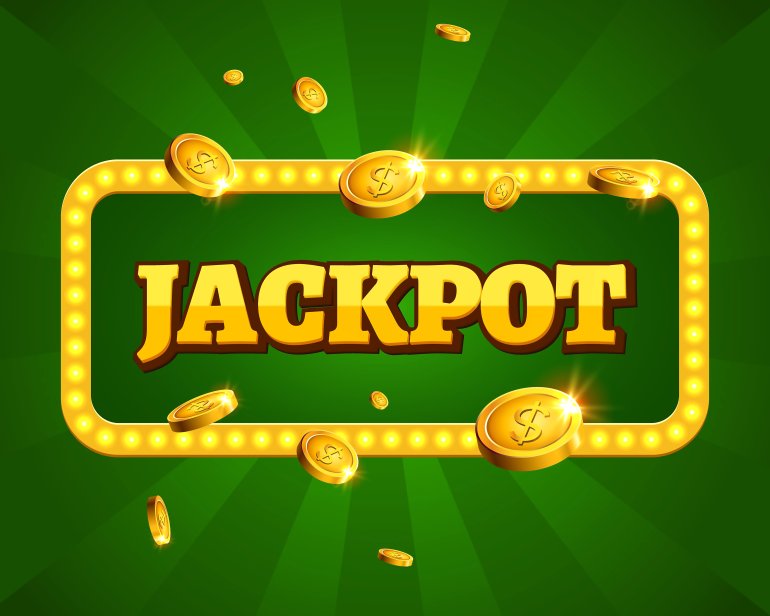 Jackpot sign surrounded by coins on green background